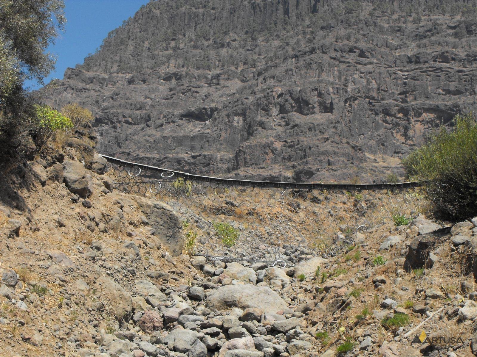 Debris flow barrier in a torrent channel